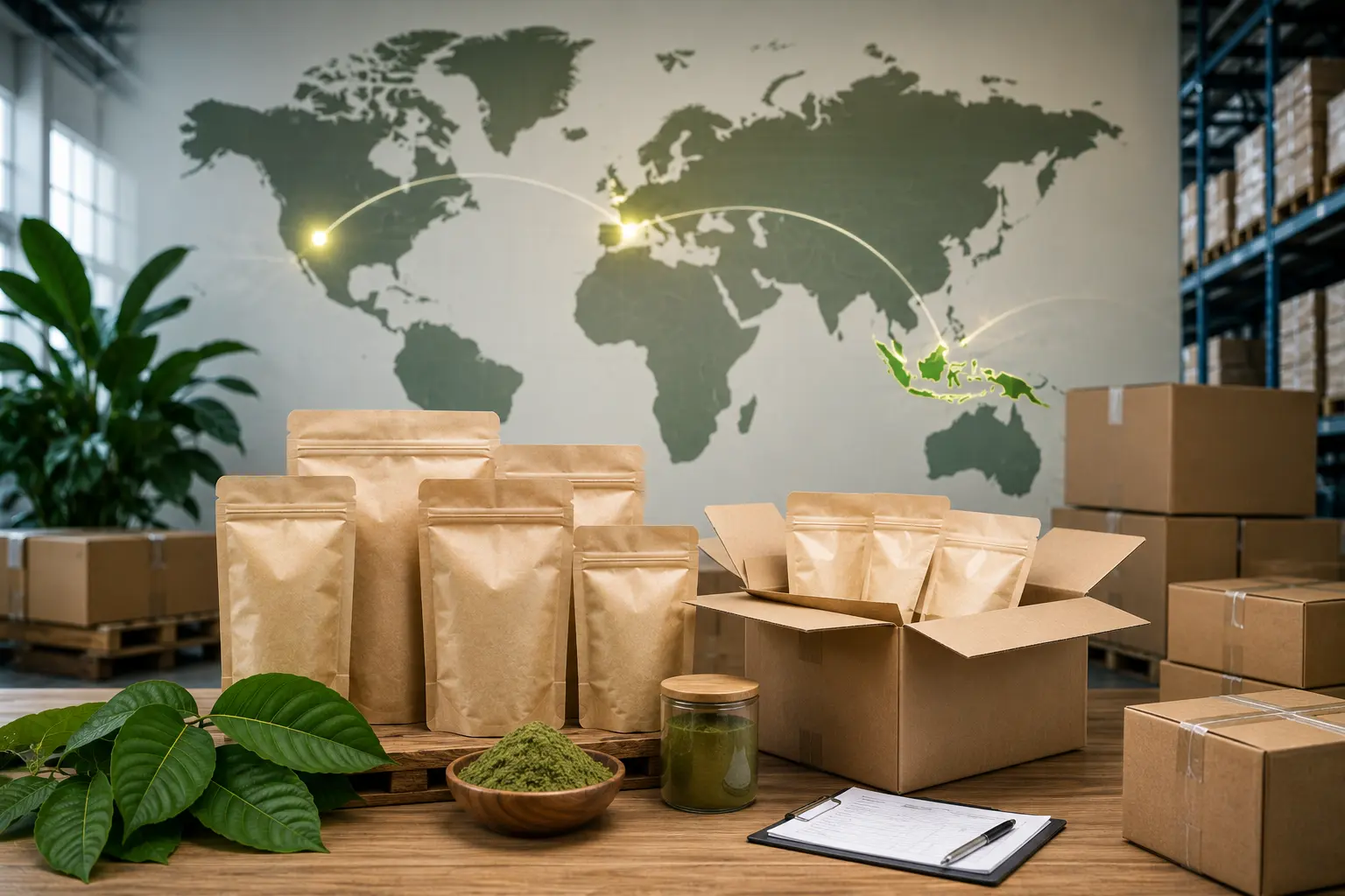 Packaged plant products, cardboard boxes, and kratom leaves in front of a world map illustrating international distribution.