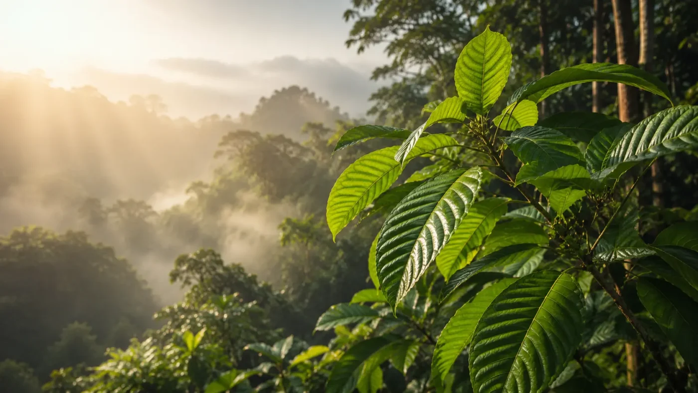 Close-up of green kratom leaves in a tropical rainforest with morning sunlight and mist.