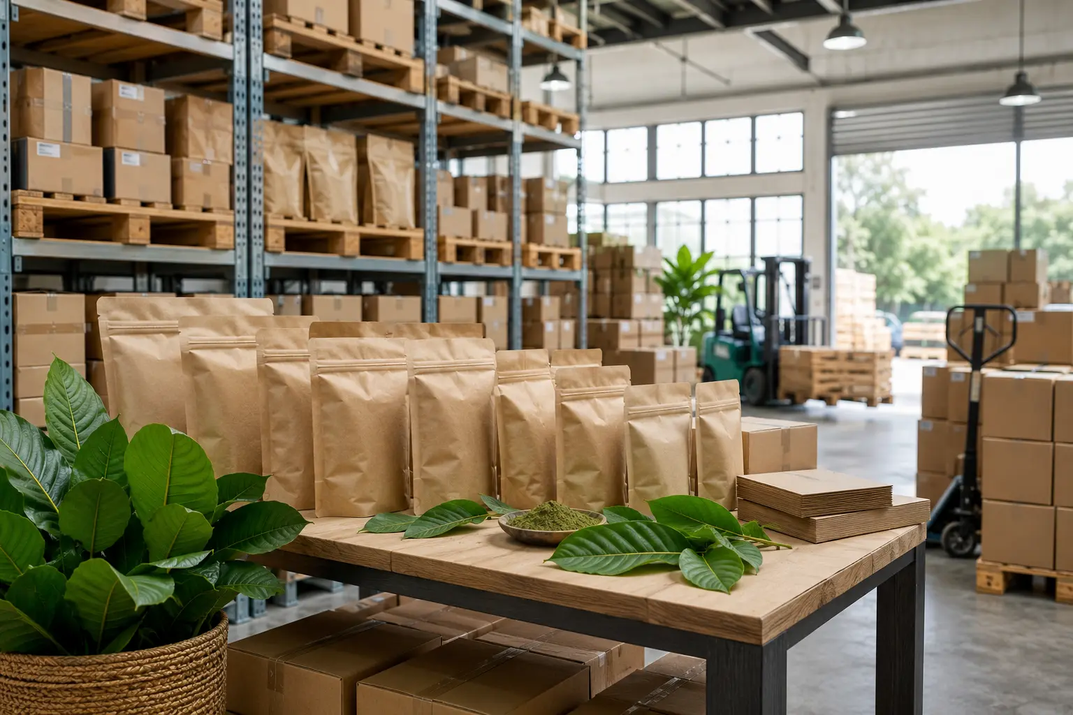 Kraft paper packages containing plant powder displayed with green leaves in a warehouse.