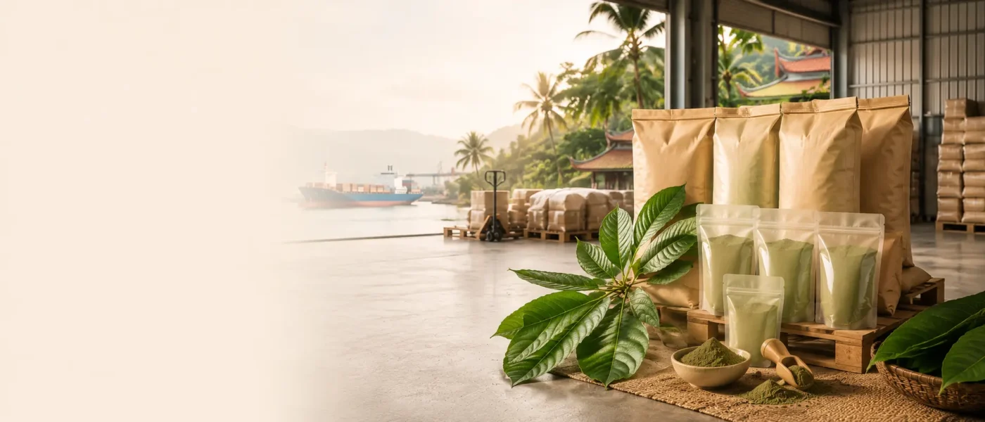 kratom whole products and botanical packaging prepared for international wholesale distribution from Indonesia.